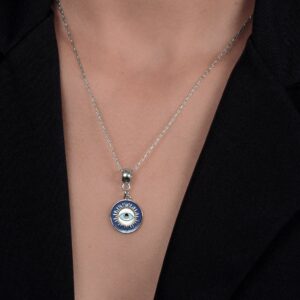 Colar Prateado Medalha Olho Grego